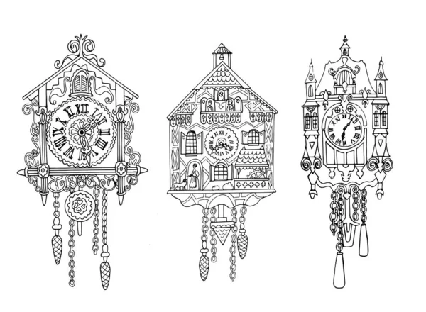 Conjunto Velhos Relógios Cuco Alemães Uma Coleção Relógios Retro Esculpidos — Vetor de Stock