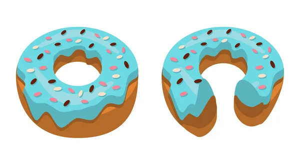 Set Van Hele Donuts Half Opgegeten Donuts Met Blauw Glazuur — Stockvector