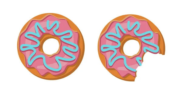 Целые Пончики Недоеденные Пончики Розовой Глазурью Вкусные Пончики Покрытые Шоколадным — стоковый вектор