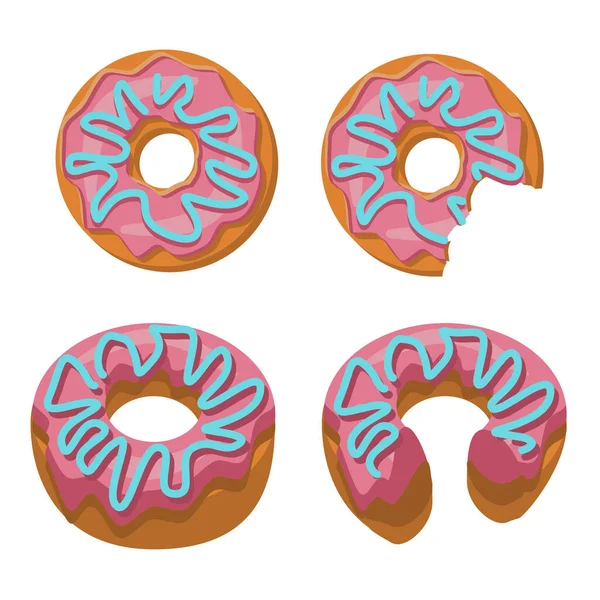 Conjunto Donuts Inteiros Donuts Meio Comidos Com Esmalte Rosa Donuts — Vetor de Stock