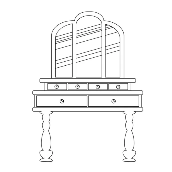 直線的なスタイルでシングルアンティークドレッシングテーブル ベクトル寝室やリビングルームのためのヴィンテージ家具の概要 ベクトル図は白い背景に隔離されています — ストックベクタ