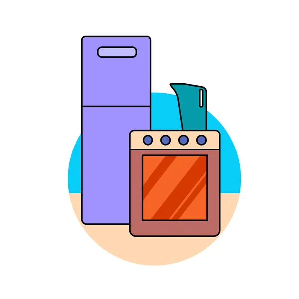 台所用品の一つのアイコン 白い背景にストーブと冷蔵庫とケトルで囲まれた丸いアイコン ベクトル図の平面図 — ストックベクタ