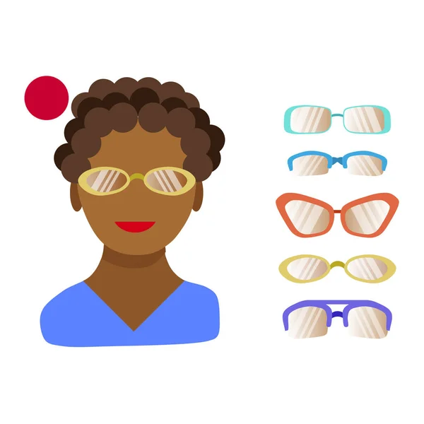 Lämpliga Glasögon För Rund Kvinnlig Ansikte Mall Afrikansk Amerikansk Flickas — Stock vektor