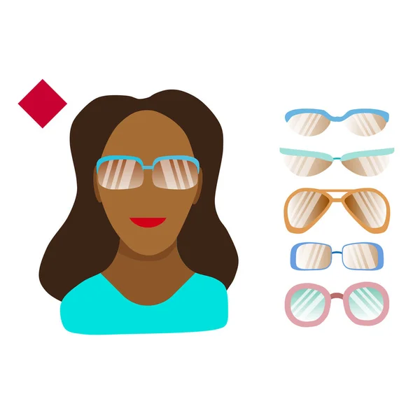 ダイヤモンド型の女性の顔に適しています アフリカ系アメリカ人の少女の顔のテンプレート 眼鏡の白い背景に隔離されたセット 光学店のためのフラットスタイルのベクトルイラスト — ストックベクタ
