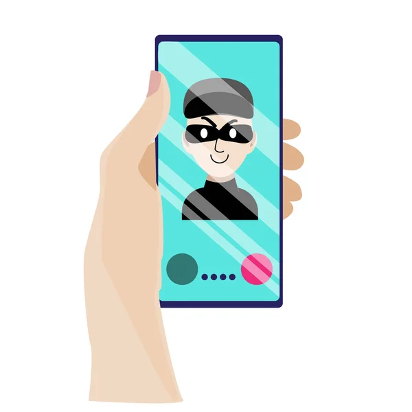Dolandırıcının aradığı el telefonu tutuyor. Bir telefon hırsızı kredi kartı şifrelerini bulman için seni kandırmaya çalışıyor. Hırsıza dikkat et! Düz bir şekilde vektör illüstrasyonu.