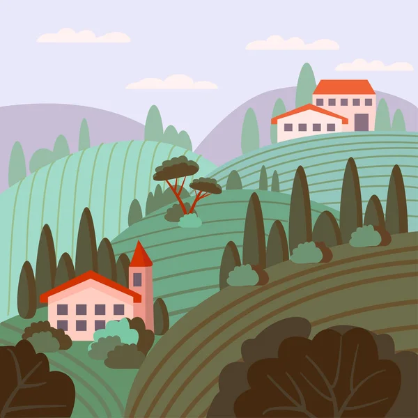 Bel Paesaggio Italiano Illustrazione Vettoriale Stile Piatto Vigneti Della Toscana — Vettoriale Stock