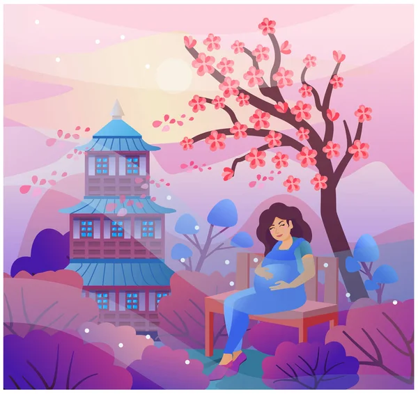 Terhes Egy Padon Egy Tavaszi Kertben Gyönyörű Japán Táj Cseresznyevirágzással — Stock Vector