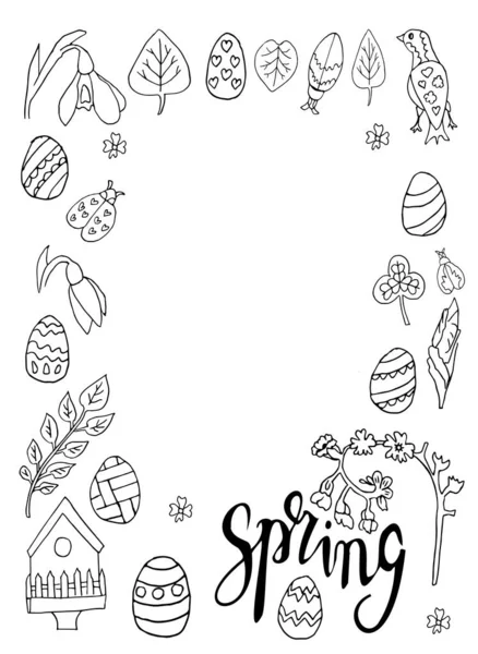 春の植物要素をベクトルにした垂直フレームです 落書きスケッチのスタイルで花のデザインの要素 鳥小屋 カブトムシイースターエッグ 招待状 カード イースターのためのデザイン — ストックベクタ