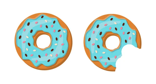 Conjunto Donuts Inteiros Donuts Meio Comidos Com Esmalte Azul Donuts —  Vetores de Stock