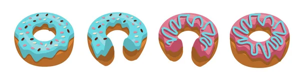 Conjunto Donuts Inteiros Donuts Meio Comidos Com Esmalte Azul Esmalte —  Vetores de Stock