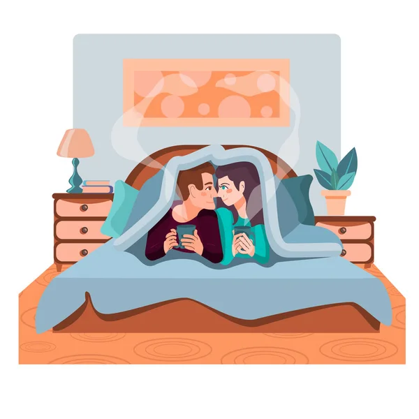 Interior Del Dormitorio Mujer Hombre Acuesta Cama Debajo Una Manta — Vector de stock