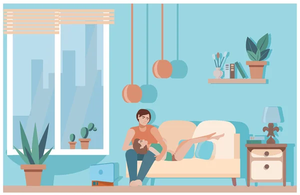 Cozy Living Room Young Couple Gently Embraces Sofa Concept Happy — Stock Vector