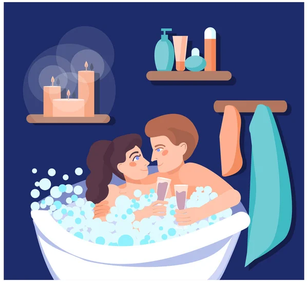 Young Cute Couple Basking Bathroom Foam Drinking Wine Concept Lovers — Stock Vector