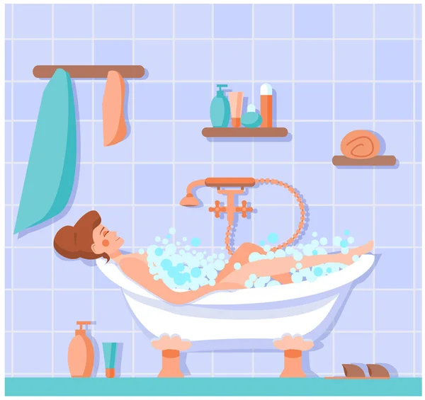 Una Joven Feliz Está Tumbada Baño Jabón Interior Acogedor Baño — Vector de stock