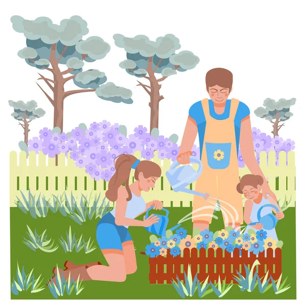 Mladá Rodina Dcerou Pracující Květinové Zahradě Krásná Žena Muž Krásná — Stockový vektor