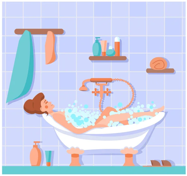 Mutlu Bir Genç Kız Sabun Köpüğü Içinde Banyoda Yatıyor Dişi Telifsiz Stok Vektörler