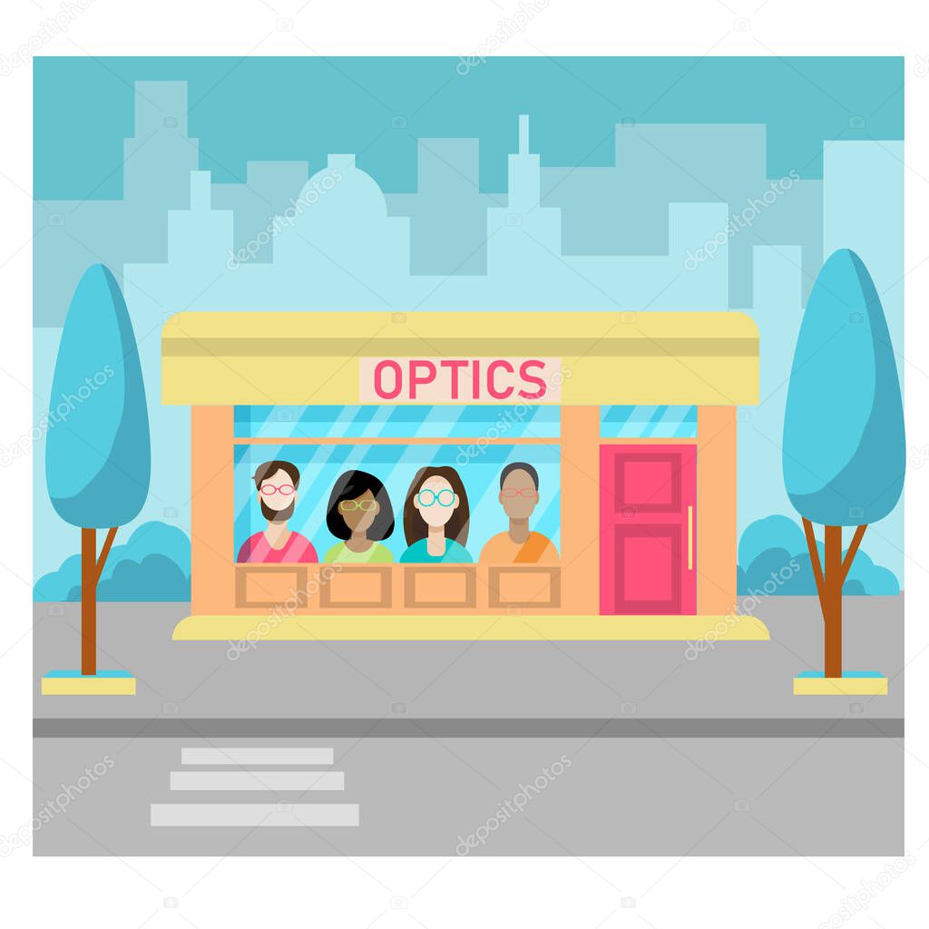 Vector illustration of aglasses store. illustration of the exterior facade of the store building in the city. Facade of optics shop. Vector illustration in flat style