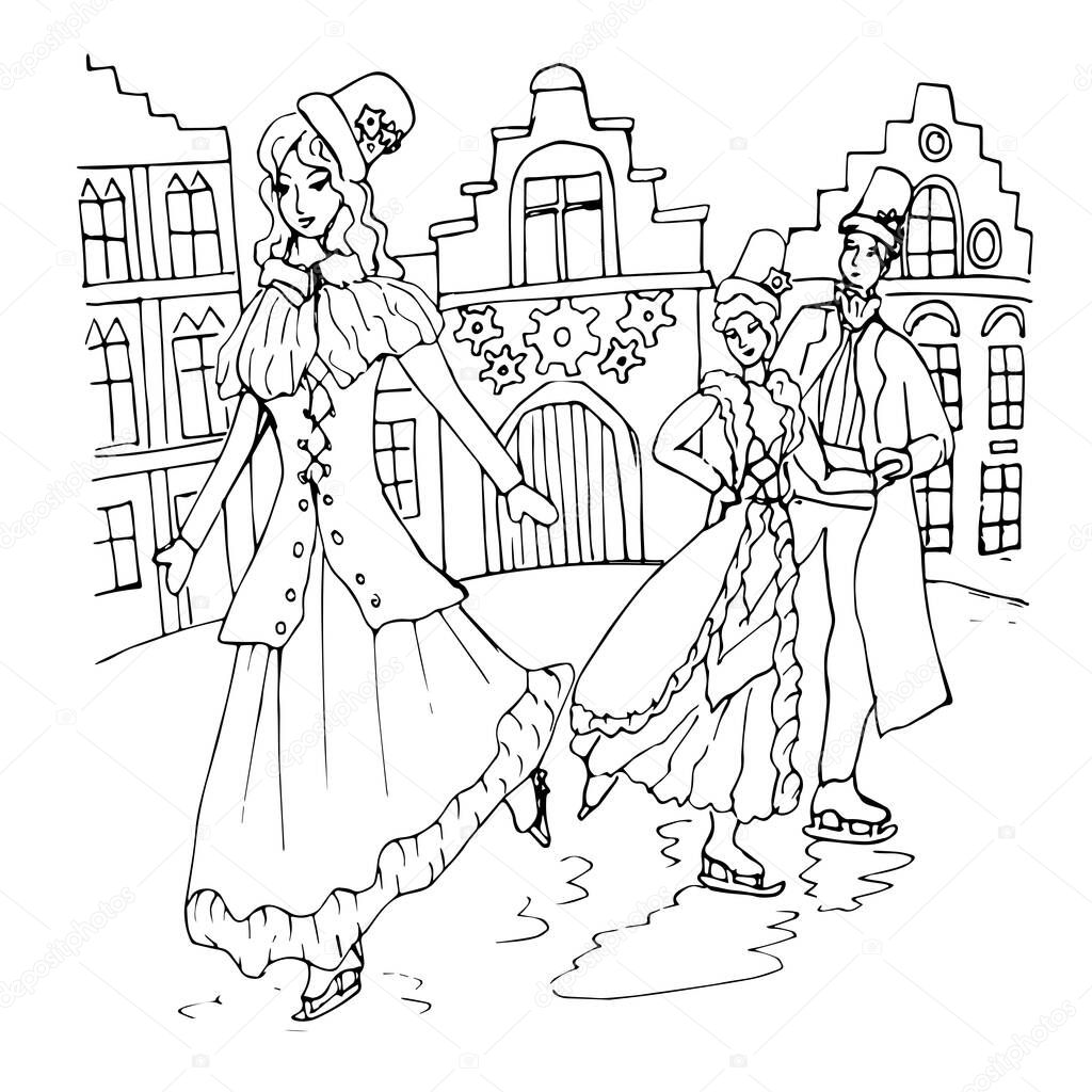 Girl and a couple in love are skating. Winter ice rink in the style of the 19th century. Skating in the steampunk style.Linear sketch. Coloring pages for children, adults. Winter entertainment 