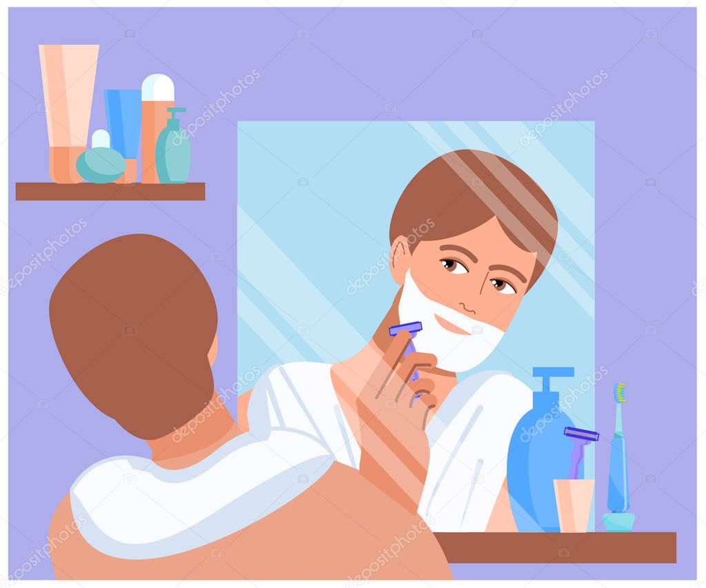 Cute man shaves with an razor in front of the bathroom mirror. Men's Morning.  Guy shaving his face. Vector illustration of a man shaving in front of the toilet mirror. Cartoon style.