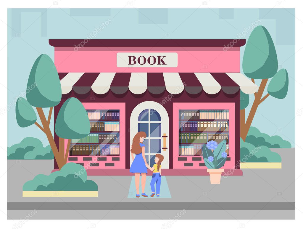 Mom and daughter go to the book store. illustration of the exterior facade of a book shop building.  Shopping trip with a small child. Vector illustration in flat style.