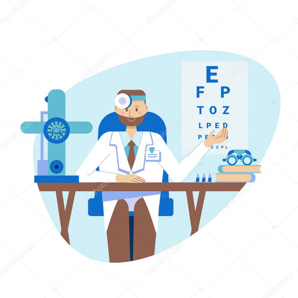 The concept of a young ophthalmologist, a practicing optometrist sits at a table in the medical office of a hospital. Vector illustration in a flat style. Consultation and diagnosis of vision.