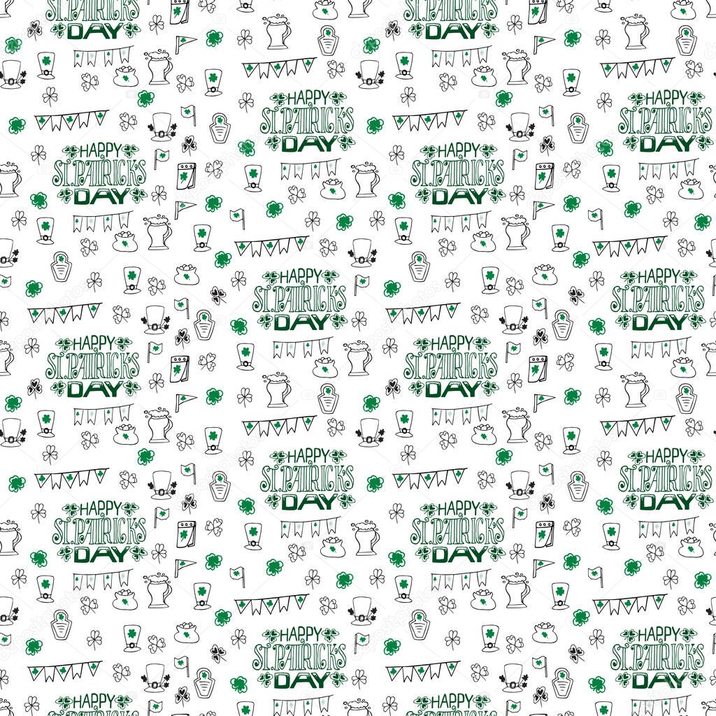 Seamless pattern with traditional St. Patrick's Day symbols drawn in a doodle style.Vector background of  beer mugs, clover, pub decorations, leprechaun hats, and Happy St. Patrick's Day lettering.