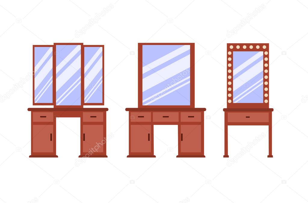 A set of cute classic dressing tables. Collection of antique bedroom furniture.  A convenient place to store cosmetics and jewelry. Vector icons in a flat style are isolated on a white background.