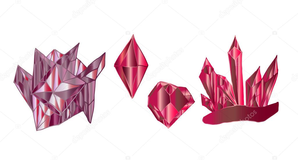 A set of red ruby crystals. Vector illustration of a collection of minerals isolated on a white background. Alternative medicine. Treatment with stones.