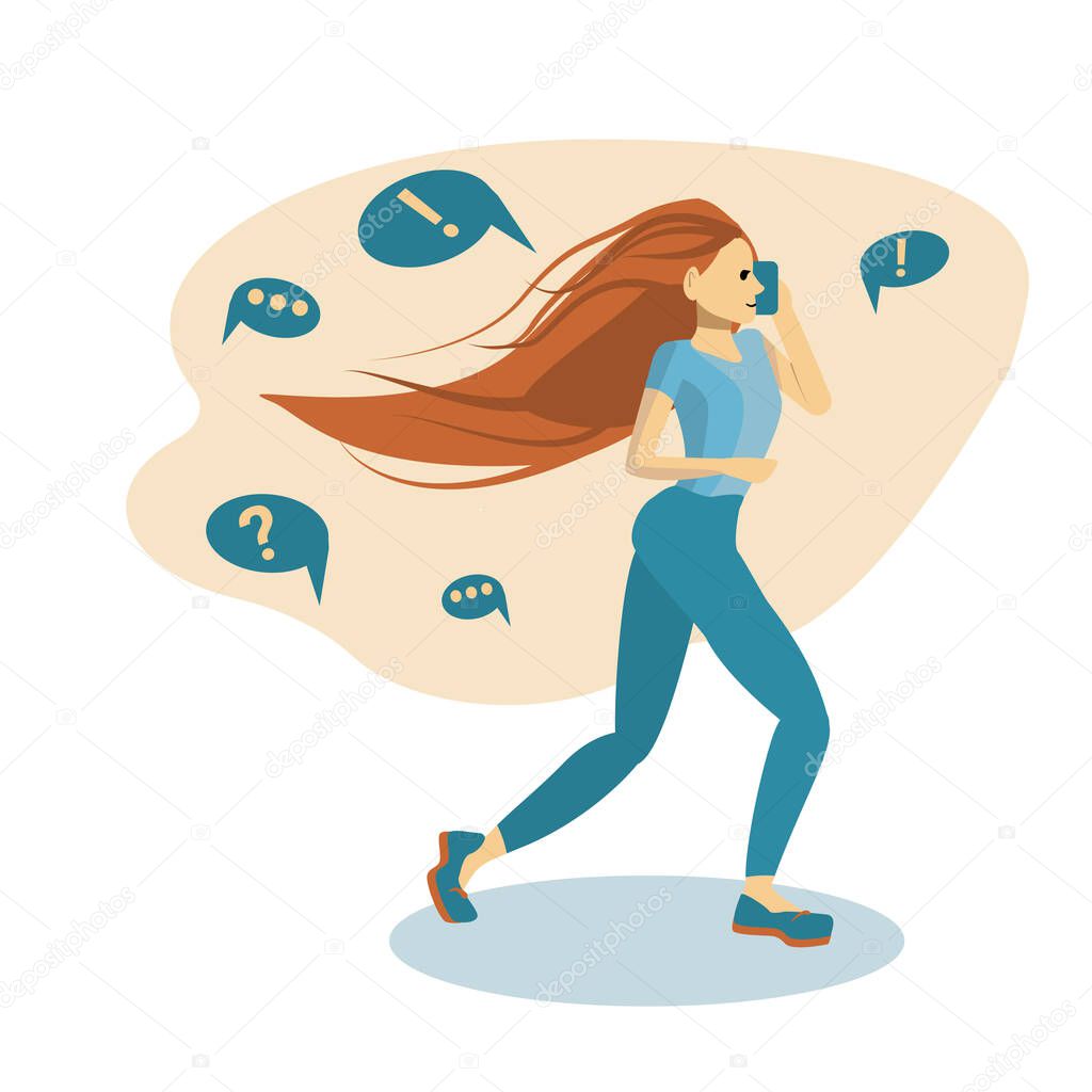  young girl is running and talking on the phone. A red-haired woman is talking on the phone as she runs. Vector illustration in a flat style. Isolated on a white background.
