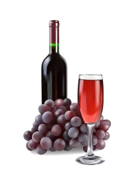 Botella Copa Vino Tinto Con Ramo Uvas Vector Ilustración — Vector de stock