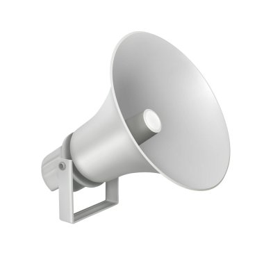 Beyaz arka planda gri megafon hoparlörü izole edildi. 3d vektör illüstrasyonu