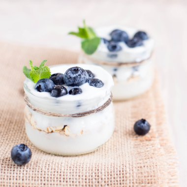 Bir bardak taze yaban mersini ile yoğurt. 