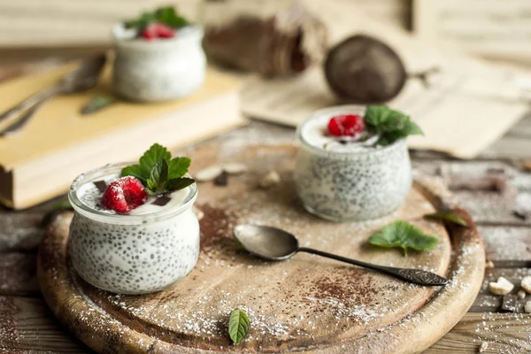 Chia Nasiona pudding z malin czekolada i mięta — Zdjęcie stockowe