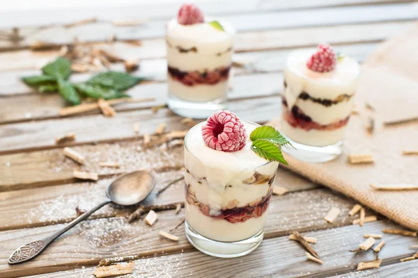 Postre congelado con frambuesas y copos de avena. Desayuno saludable — Foto de Stock