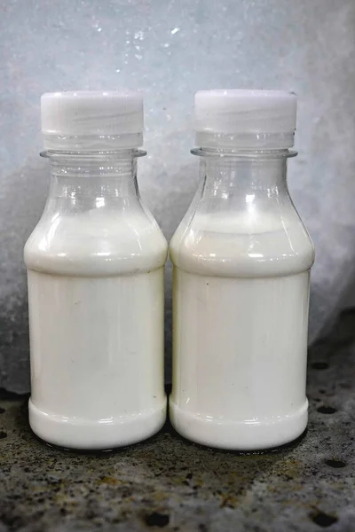 Fresh camel milk in glass bottles
