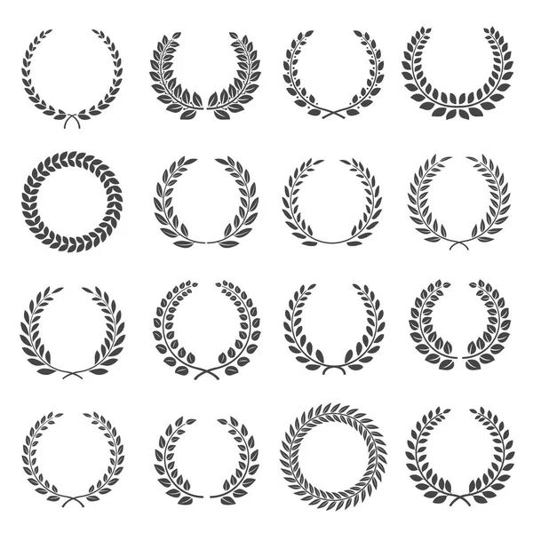 Laurel wreath, circles silhouette icons set. Round frames, boarders with branches, leaves. Stock Vector