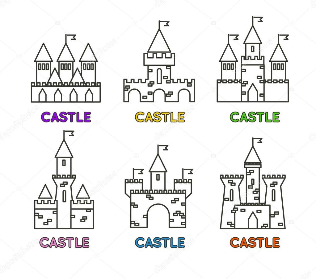 Castle vector set. Castle towers vector logo. Castle turrets with flag. Architecture illustrations.