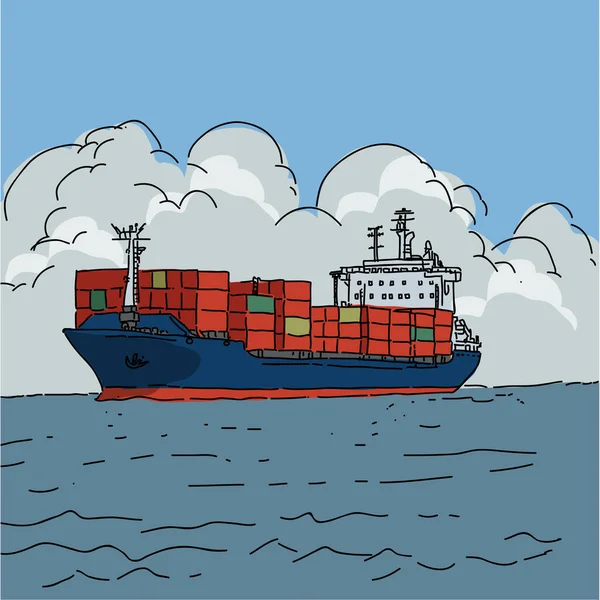 Containerschiff Frachtschiff Handgezeichneter Illustrationsvektor — Stockvektor