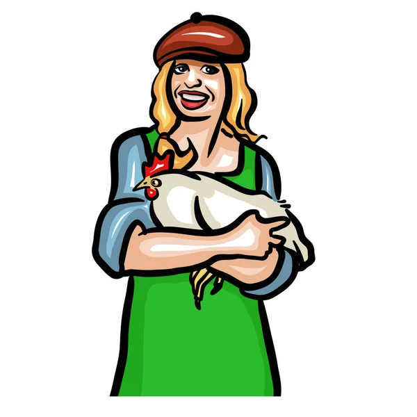 Donna Contadino Con Gallina Clipart Isolato Sfondo Bianco — Vettoriale Stock