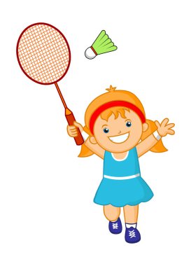 Çocuk raketle mekikleri dövüyor. Badminton vektör illüstrasyonu oynayan kadın 
