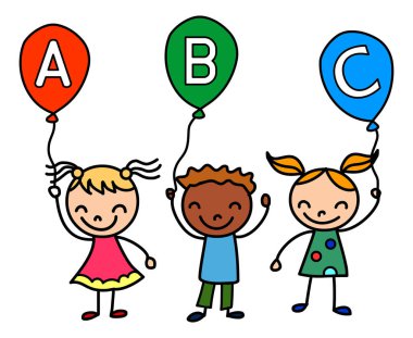 ABC balonunu tutan Çubuk Çocuklar, Vetor illüstrasyonu