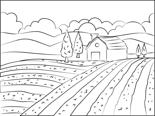 Ручная Рисование Иллюстрации Сельской Местности Природной Живописной Сельскохозяйственный Дом Поле — стоковый вектор