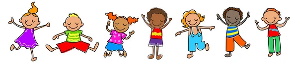 Szczęśliwy Kij Postać Dzieci Wektor Ilustracje Różnorodność Etniczna Dzieci — Wektor stockowy