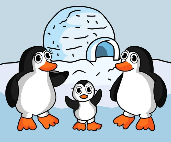 Rodzina Pingwinów Igloo Dom Wektor Lodu Ilustracja — Wektor stockowy
