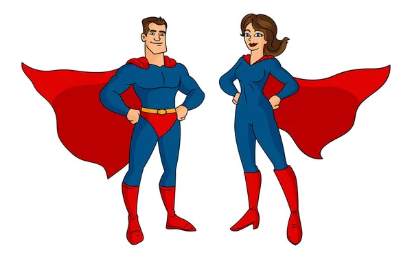 Çizgi film süper kahraman çifti, mavi kostümlü kadın ve erkek. 