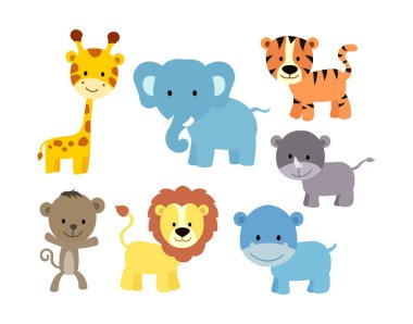 Sevimli çizgi film hayvanları. Güzel fil ve aslan, zürafa. Vahşi hayvan vektörü stok illüstrasyonunu ayarla