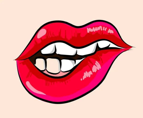 Sexy Frau Beißt Rote Lippen Vektor Illustration Sexsymbol — Stockvektor