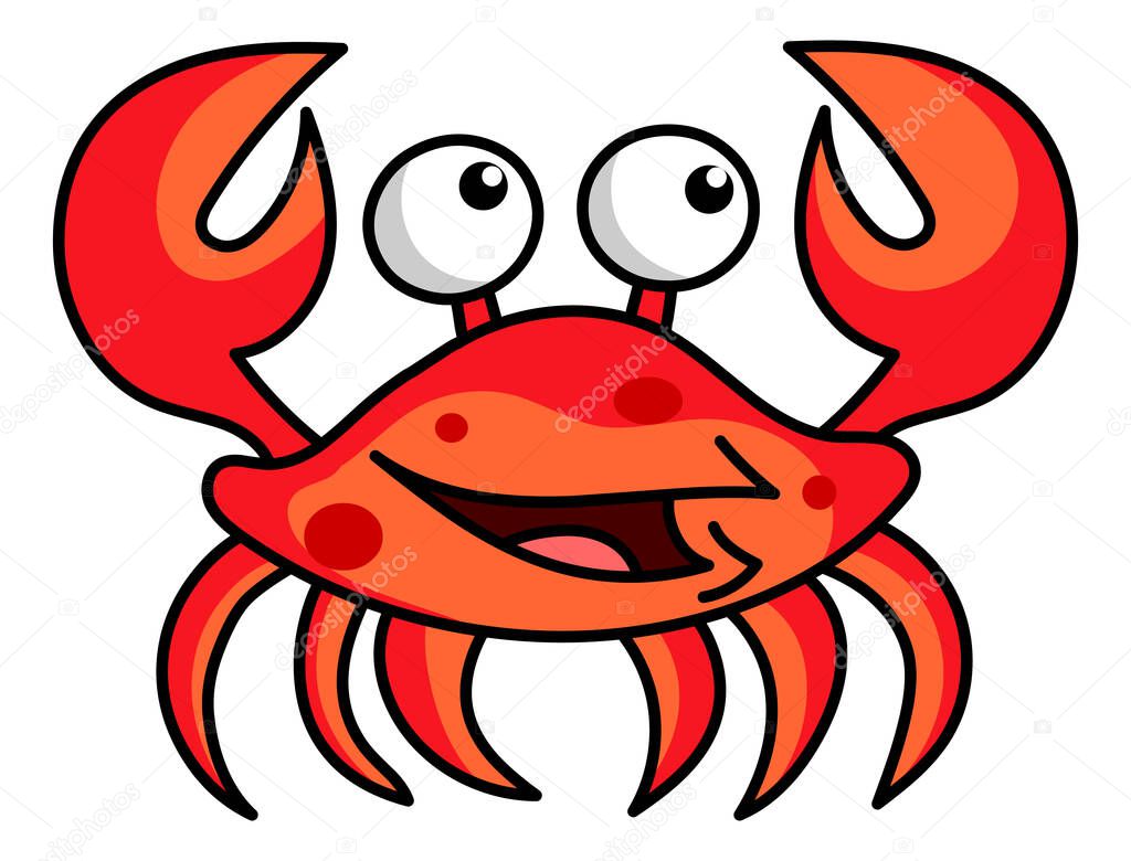 Crab character smiling with big claws on a white. stock illustration Vector