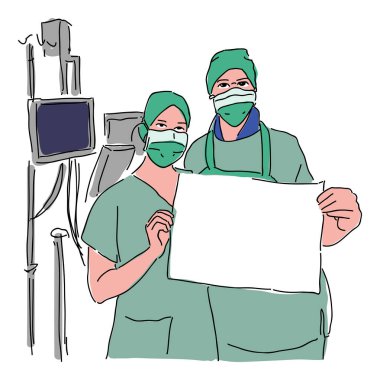 Doktor ve hemşire ellerinde bir pankart, illüstrasyon vektörü tutuyorlar.