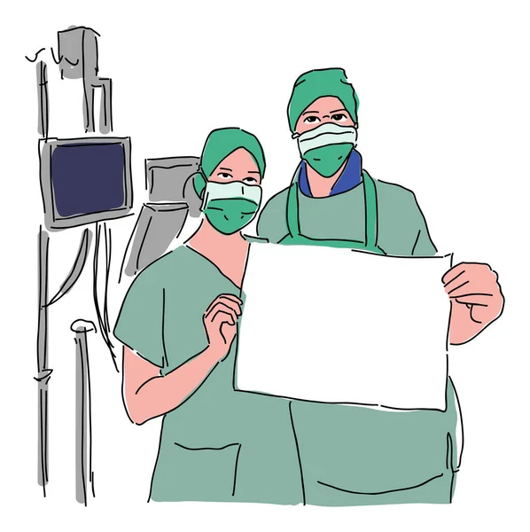 Médico Enfermera Con Máscara Facial Sosteniendo Una Pancarta Vector Ilustración — Vector de stock